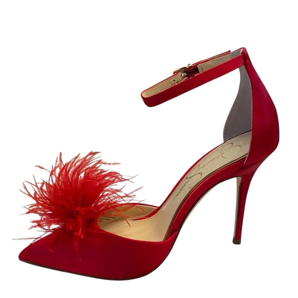 Jessica Simpson Wolistie Ankle Strap Dress Pumps Red Feather Pom Pom Size 6 NEW